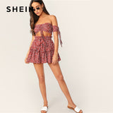 SHEIN Boho Ruched Front Shirred Crop Top And Ditsy Floral Skirt Set Women Two Piece Outfits Summer Sexy Beach Matching Sets