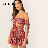SHEIN Boho Ruched Front Shirred Crop Top And Ditsy Floral Skirt Set Women Two Piece Outfits Summer Sexy Beach Matching Sets